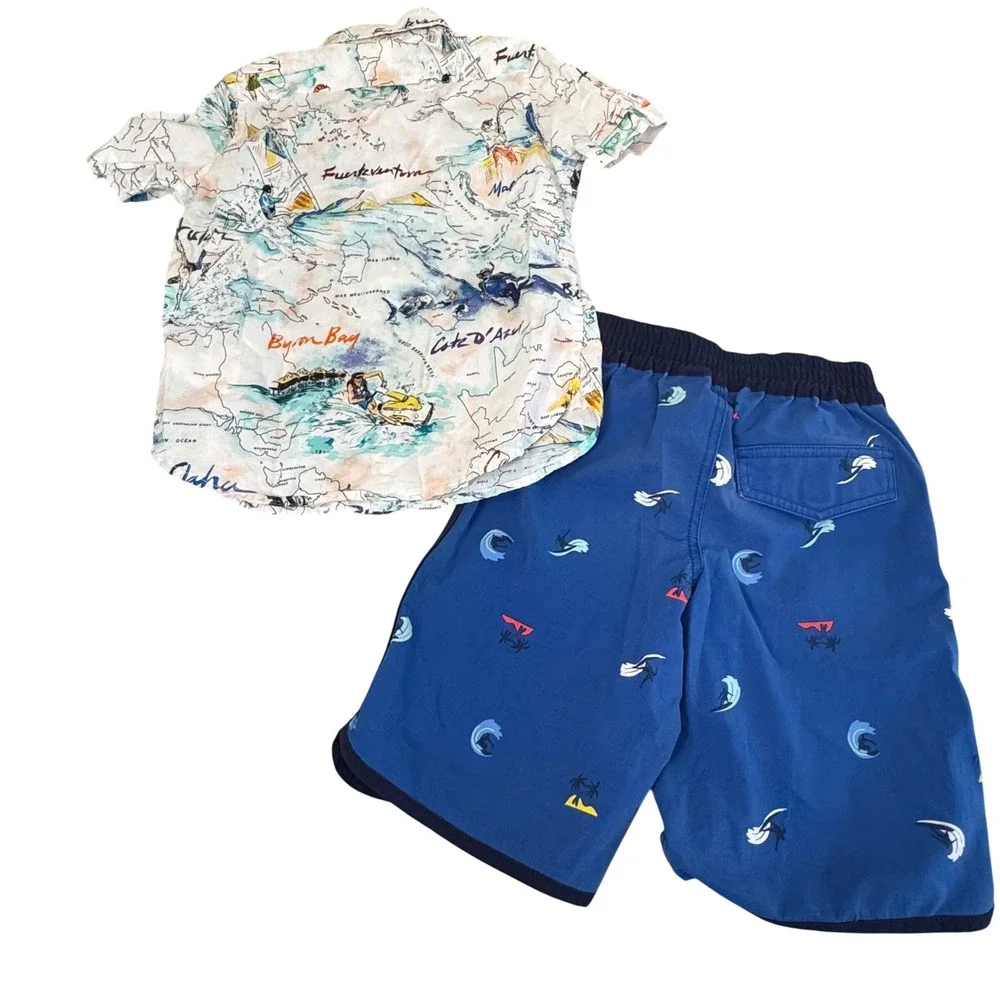 Gap Hanna Andersson Bundle Set Swim 6-7 Map Surfer Shirt Board Shorts Blue Multi